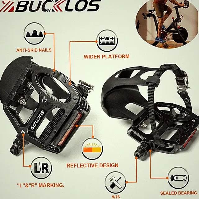 Bike Pedals with Toe Clip and Straps 9/16" For Exercise Bike, Spin Bike Outdoor