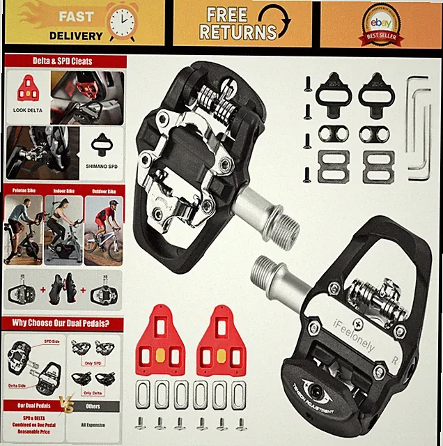 Indoor Exercise Bike Pedals with Cleats - Dual-Sided Clip-in for Spin Bikes, 9/1